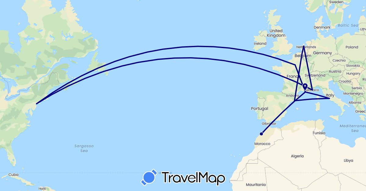 TravelMap itinerary: driving in Belgium, Spain, France, Italy, Morocco, Monaco, Netherlands, United States (Africa, Europe, North America)